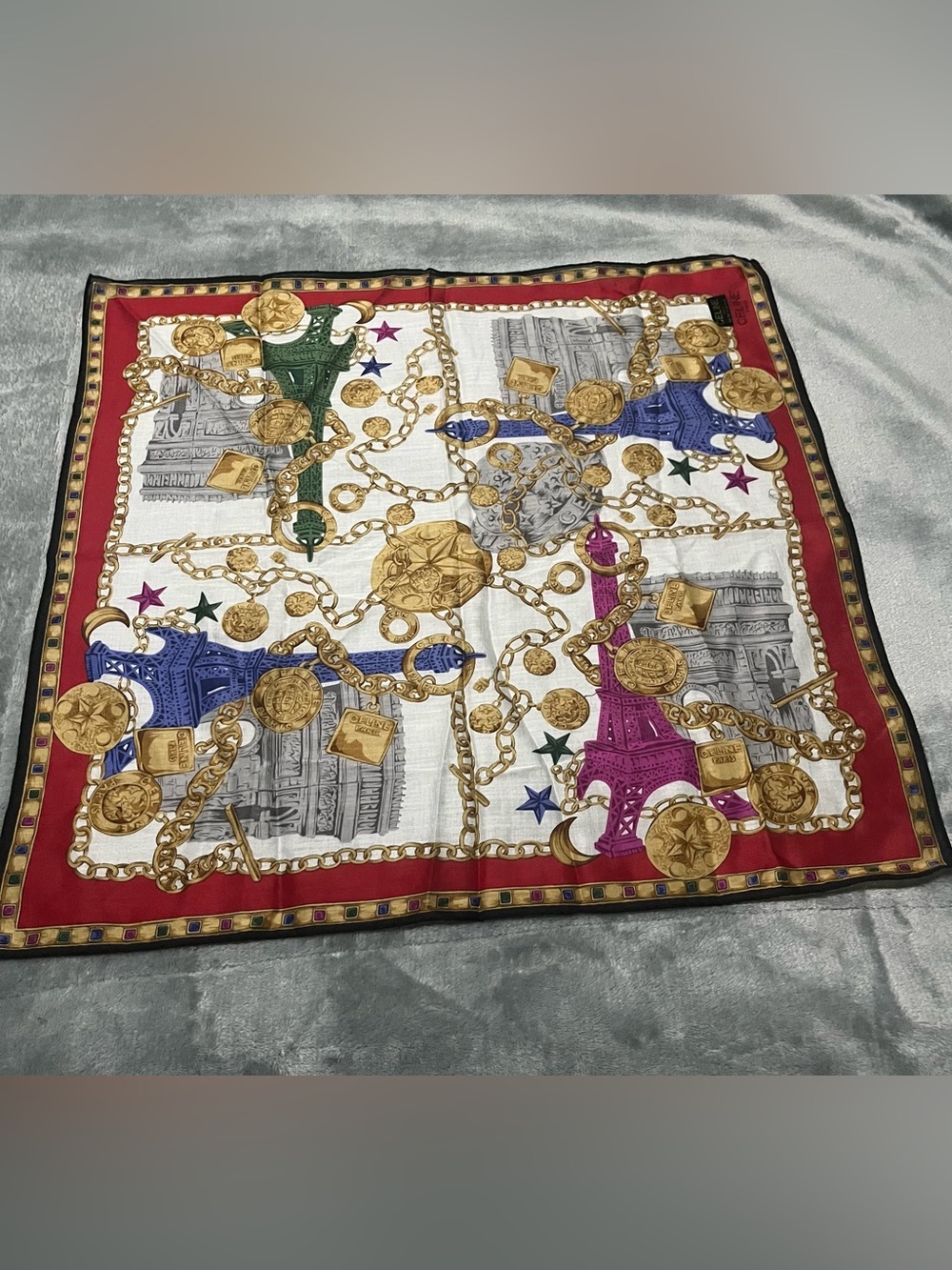 Authentic Celine Paris Silk Scarf Eiffel Tower Chain Print Never Used